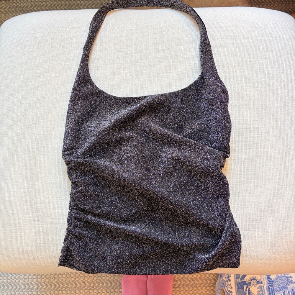 Reformation Metallic Halter Top Black Silver Lurex Ruched XS